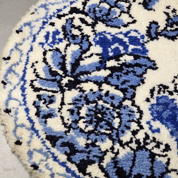 Vtg MCM 50s Latch hook Rug Circle‎ Blue Floral Handmade Cottage Shabby 32" Round - Picture 5 of 15